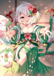 Rule 34 | 1girl, braid, cherry blossom print, cherry blossoms, collarbone, floral print, flower, french braid, green hakama, green sash, hair between eyes, hair flower, hair ornament, hakama, hakama pants, highres, japanese clothes, kimono, kokkoro (new year) (princess connect!), kokkoro (princess connect!), looking at viewer, loose clothes, lying, navel, obi, on back, open mouth, outstretched arms, pants, petals, pink eyes, pink flower, pointy ears, princess connect!, reaching, reaching towards viewer, red flower, sash, short hair, silver hair, solo, tassel, tatami, white flower, white kimono, wide sleeves, xephonia