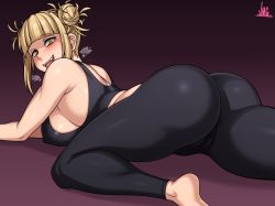Rule 34 | 1girl, artist name, ass, black pants, black sports bra, blonde hair, blunt bangs, boku no hero academia, breasts, cameltoe, commentary, covered erect nipples, curvy, double bun, eyelashes, fangs, gluteal fold, grin, groin, gym shirt, hair bun, highres, huge ass, jmg, large breasts, looking at viewer, looking back, looking down, lying, messy hair, mixed-language commentary, on stomach, pants, purple background, raised eyebrows, shirt, skindentation, smile, solo, sports bra, standing, steaming body, sweat, sweatpants, tank top, thick thighs, thighs, toga himiko, wide hips, yellow eyes, yoga pants