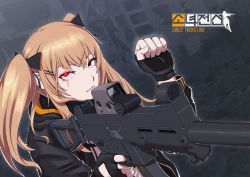 Rule 34 | 1girl, brown hair, clenched hand, eotech, fingerless gloves, girls&#039; frontline, gloves, glowing, glowing eye, gun, h&amp;k ump, hair ornament, hair ribbon, hairclip, hand gesture, long hair, ranger (mll0101), red eyes, ribbon, scar, scar across eye, scar on face, solo, submachine gun, twintails, ump9 (girls&#039; frontline), weapon
