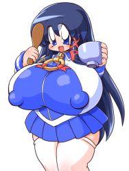 Rule 34 | 1girl, black hair, blue eyes, breasts, covered erect nipples, female focus, gigantic breasts, kuma (kumahoihoi), long hair, miniskirt, open mouth, os-tan, plump, simple background, skirt, solo, standing, thighhighs, white background, white thighhighs, xp-tan