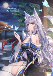 Rule 34 | 1girl, animal ear fluff, animal ears, anniversary, azur lane, bare shoulders, blue butterfly, breasts, bug, butterfly, choker, commentary request, coyucom, floral print, fox ears, hair between eyes, hair ornament, hand up, insect, japanese clothes, kimono, kitsune, large breasts, looking at viewer, moon, multiple tails, night, obi, off shoulder, parted lips, purple eyes, purple hair, sash, shinano (azur lane), sitting, solo, tail, thighhighs, white thighhighs