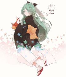 Rule 34 | 1girl, 2018, bad id, bad pixiv id, bag, chinese zodiac, commentary request, floral background, floral print, full body, furisode, green eyes, green hair, handbag, japanese clothes, kantai collection, kimono, long hair, looking at viewer, looking back, obi, sandals, sash, shakemi (sake mgmgmg), solo, tabi, yamakaze (kancolle), year of the dog
