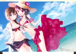 Rule 34 | 2girls, absurdres, ahoge, bikini, blue eyes, blush, braid, breasts, brown hair, cleavage, cloud, day, floral print, flower, hair between eyes, hair flaps, hat, hat flower, highres, hip bones, huge filesize, jacket, kantai collection, large breasts, long hair, looking at viewer, low twintails, medium breasts, multiple girls, naoto (tulip), navel, ocean, open mouth, outdoors, purple hair, red eyes, remodel (kantai collection), ryuuhou (kancolle), scan, scrunchie, shigure (kancolle), simple background, single braid, sky, smile, stomach, sun hat, swimsuit, taigei (kancolle), thighs, twintails, water