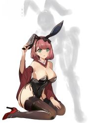 Rule 34 | 1girl, animal ears, black bow, black headband, black thighhighs, blunt bangs, bow, breasts, brush stroke, character request, cleavage, commentary request, detached collar, detached sleeves, fake animal ears, garter straps, grey background, headband, high heels, highres, large breasts, leotard, open mouth, original, playboy bunny, pupps, rabbit ears, red footwear, red hair, solo, thighhighs, white background