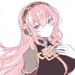 Rule 34 | 1girl, armband, black shirt, blue eyes, blue nails, commentary, gold trim, hand on own chest, headphones, kkr rkgk, long hair, megurine luka, nail polish, parted lips, pink hair, shirt, short sleeves, sideways glance, sketch, solo, upper body, vocaloid, white background