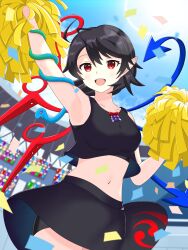 Rule 34 | 1girl, :d, adapted costume, ahoge, alternate costume, arm up, armpits, asymmetrical wings, bike shorts, black hair, black shirt, black skirt, blue wings, breasts, cheerleader, confetti, cowboy shot, crop top, highres, holding, holding pom poms, houjuu nue, looking at viewer, medium breasts, midriff, miniskirt, navel, open mouth, pointy ears, pom pom (cheerleading), pom poms, red eyes, red wings, sanity3519 (user mvfv4345), shirt, short hair, shorts, shorts under skirt, skirt, sleeveless, sleeveless shirt, smile, snake, solo, stadium, standing, tank top, thighs, touhou, touhou lostword, wings