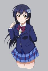 Rule 34 | 1girl, blazer, blue hair, blush, bow, bowtie, closed mouth, commentary request, cowboy shot, dress shirt, flower, grey background, hair between eyes, hair flower, hair ornament, twirling hair, jacket, long hair, long sleeves, looking at viewer, love live!, love live! school idol project, otonokizaka school uniform, pleated skirt, red bow, red bowtie, school uniform, shiimai, shirt, simple background, skirt, smile, solo, sonoda umi, striped bow, striped bowtie, striped clothes, striped neckwear, vest, yellow eyes
