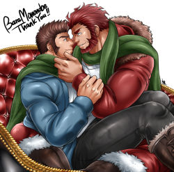 Rule 34 | 2boys, alternate costume, alternate skin color, arm grab, bara, beard, blue eyes, blue jacket, boots, brown hair, christmas, commission, couple, dark-skinned male, dark skin, eye contact, facial hair, fate/grand order, fate (series), fur-trimmed jacket, fur trim, goatee, green scarf, hand on another&#039;s face, hood, hooded jacket, imminent kiss, iskandar (fate), jacket, knee boots, leather, leather boots, leather pants, long sideburns, looking at another, male focus, mature male, multiple boys, muscular, muscular male, napoleon bonaparte (fate), noses touching, pants, red eyes, red hair, red jacket, scarf, shared clothes, shared scarf, shirt, short hair, sideburns, sitting, sitting on lap, sitting on person, skeb commission, smile, spread legs, sunfight0201, thick thighs, thighs, white shirt, yaoi