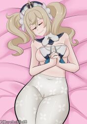 barbara_(genshin_impact) bed blonde_hair bow breasts cameltoe drill_hair genshin_impact kurodahlia18 medium_breasts nipples nun on_bed pantyhose sleeping thick_thighs thighs twin_drills