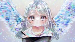 Rule 34 | 1girl, collarbone, crying, crying with eyes open, drawing tablet, highres, holding, holding pen, lens flare, long hair, looking at viewer, original, pa ff, pen, shirt, solo, swept bangs, t-shirt, tareme, tears, white eyes, white hair, white shirt, wings