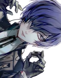 Rule 34 | 1boy, black gloves, black jacket, black ribbon, blue eyes, blue hair, collared shirt, ecoplasma, gloves, hair over one eye, hands up, headphones, highres, holding, holding headphones, jacket, long sleeves, male focus, neck ribbon, open clothes, open jacket, parted lips, persona, persona 3, persona 3 reload, portrait, ribbon, shirt, short hair, solo, upper body, white background, white shirt, yuuki makoto (persona 3)