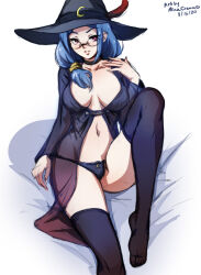 Rule 34 | absurdres, blue hair, coat, glasses, hat, highres, lingerie, little witch academia, mature female, mina cream, panties, red eyes, thighhighs, trigger (company), underwear, ursula callistis, witch, witch hat