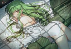 Rule 34 | 1girl, ass, bed sheet, c.c., code geass, creayus, from above, green hair, indoors, long hair, long sleeves, looking at viewer, lying, naked shirt, on side, shirt, solo, straight hair, title, white shirt