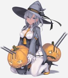 Rule 34 | + +, 1girl, adapted costume, blue eyes, bow, breasts, cape, chou-10cm-hou-chan (suzutsuki&#039;s), cleavage cutout, clothes writing, clothing cutout, collared shirt, commentary request, corset, eyelashes, frilled sleeves, frills, full body, grey cape, halloween, happy halloween, hat, hat bow, high heels, highres, jack-o&#039;-lantern, kantai collection, kneeling, long hair, long sleeves, medium breasts, miniskirt, necktie, one side up, pantyhose, pleated skirt, pumpkin, rokuwata tomoe, shirt, shoe dangle, silver hair, sitting, skirt, smile, solo, suzutsuki (kancolle), tiptoes, weapon, white pantyhose, white shirt, white skirt, wide sleeves, witch, witch hat, yellow footwear, yellow necktie