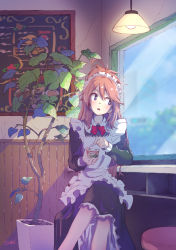 Rule 34 | 1girl, apron, blue eyes, bow, brown hair, collared dress, dress, food, highres, ice cream, ice cream spoon, indoors, kagawa yuusaku, lamp, crossed legs, light bulb, looking away, looking outside, maid, maid apron, maid headdress, messy hair, original, plant, potted plant, red bow, revision, short hair, signature, sitting, solo, spoon, window