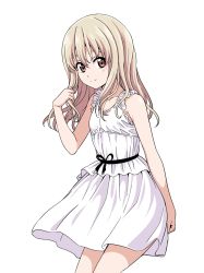 Rule 34 | 10s, 1girl, aho girl, bare shoulders, blonde hair, brown eyes, dress, highres, hiroyuki, long hair, looking at viewer, official art, simple background, sleeveless, sleeveless dress, smile, solo, sumino sayaka, white background