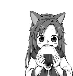 Rule 34 | 1girl, aged down, animal ears, biting, blouse, commentary request, eating, food, greyscale, holding, holding food, imaizumi kagerou, long hair, long sleeves, monochrome, onigiri, poronegi, shirt, simple background, solo, teeth, touhou, upper body, white background, wolf ears