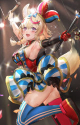 Rule 34 | 1girl, :d, ahoge, animal ear fluff, animal ears, arm up, armpits, asymmetrical legwear, black hair, blonde hair, blue bow, blue dress, blue skirt, blue thighhighs, blurry, bow, bowtie, braid, breasts, circus, commentary, conductor baton, confetti, depth of field, detached sleeves, diamond hair ornament, dress, facial mark, foreshortening, fox ears, fox girl, fox tail, from side, glint, gloves, hair between eyes, hair bow, hair ornament, hair over shoulder, hairclip, hat, heart, heart-shaped pupils, heart hair ornament, himonoata, hololive, jester cap, layered skirt, leg up, long hair, looking at viewer, looking to the side, miniskirt, mismatched legwear, motion blur, multicolored clothes, multicolored dress, multicolored hair, multicolored headwear, omaru polka, omaru polka (1st costume), open mouth, outstretched arm, pink hair, playing card theme, pointy footwear, purple eyes, red bow, red footwear, red gloves, red headwear, red neckwear, red thighhighs, shoes, short dress, side braid, sidelocks, single braid, single detached sleeve, single glove, skirt, sleeveless, sleeveless dress, small breasts, smile, spotlight, streaked hair, striped clothes, striped skirt, striped thighhighs, sweat, swinging, symbol-only commentary, symbol-shaped pupils, tail, thighhighs, tilted headwear, trapeze, twisted torso, vertical-striped clothes, vertical-striped skirt, vertical-striped thighhighs, virtual youtuber, water drop, wrist cuffs, x hair ornament, zain (omaru polka)