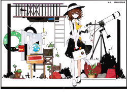 Rule 34 | 1girl, absurdres, ascot, brown eyes, brown hair, character name, female focus, globe, hat, highres, holding, ideolo, looking at viewer, plant, scan, shirt, shoes, short hair, short sleeves, skirt, socks, solo, telescope, touhou, usami renko, v arms, vest