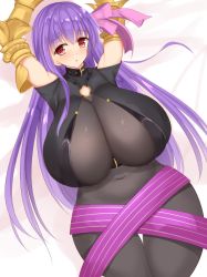 Rule 34 | 10s, 1girl, arms up, bare shoulders, bed, breasts, collar, fate/extra, fate/extra ccc, fate/grand order, fate (series), female focus, gauntlets, hair ornament, hair ribbon, huge breasts, leotard, long hair, looking at viewer, lying, navel, no panties, noeomi, o-ring, on back, pantyhose, passionlip (fate), plump, purple hair, red eyes, ribbon, solo, weapon, wide hips