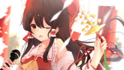 Rule 34 | 1girl, absurdres, ascot, bad id, bad pixiv id, bare shoulders, bell, black hair, blurry, blurry background, bow, breasts, brown eyes, collarbone, detached sleeves, frilled bow, frilled shirt collar, frills, hair bow, hair tubes, hakurei reimu, hand up, highres, holding, holding microphone, jingle bell, long hair, long sleeves, looking at viewer, medium breasts, microphone, one eye closed, open mouth, red bow, red ribbon, ribbon, ribbon-trimmed sleeves, ribbon trim, sarashi, shangurira, shide, sidelocks, solo, touhou, upper body, wide sleeves, yellow ascot