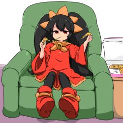 Rule 34 | 1girl, ashley (warioware), big hair, black hair, blush, boots, chair, commentary request, dress, eating, food, food-themed hair ornament, food in mouth, hair ornament, hairband, holding, holding food, holding pizza, long hair, long sleeves, neckerchief, nintendo, orange hair ornament, orange hairband, orange neckerchief, pantyhose, pizza, pizza box, pizza slice, red dress, red eyes, red footwear, sitting, skull, skull brooch, skull ornament, tiara, turuga, twintails, warioware