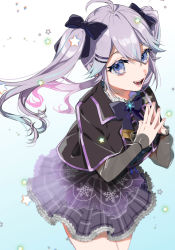Rule 34 | 1girl, black bow, black capelet, blue hair, bow, capelet, gradient hair, hair bow, highres, looking at viewer, looking up, multicolored hair, nijisanji, nijisanji kr, nonko (osaka na man), nun bora, nun bora (3rd costume), open mouth, own hands together, plaid, plaid skirt, purple eyes, purple skirt, skirt, smile, smle, solo, star (symbol), twintails, virtual youtuber