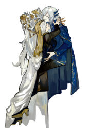 Rule 34 | 1boy, 1girl, argalia (project moon), arms up, black jacket, black pants, blonde hair, blue cape, blue jacket, cape, closed eyes, closed mouth, eileen (project moon), gears, gold trim, hair ornament, hetero, highres, invisible chair, jacket, library of ruina, long hair, long sleeves, nishikujic, open mouth, pants, project moon, simple background, sitting, smile, very long hair, white background, white cape, white veil