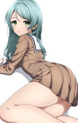 Rule 34 | 1girl, absurdres, aqua hair, arm support, bang dream!, brown dress, commentary request, dress, feet out of frame, from side, green hair, hanasakigawa school uniform, highres, hikawa sayo, light blush, long hair, long sleeves, looking at viewer, looking to the side, lying, noshimurin, on side, parted lips, pleated dress, sailor collar, school uniform, serafuku, shadow, short dress, simple background, solo, swept bangs, thighs, white background, white sailor collar