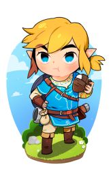 Rule 34 | 1boy, :t, blonde hair, blue eyes, blue tunic, blush, boots, closed eyes, closed mouth, eating, eyelashes, fa8072, food, grass, hand on own hip, hand up, holding, link, male focus, nintendo, onigiri, pants, pointy ears, pouch, shield, shield on back, solo, standing, the legend of zelda, the legend of zelda: breath of the wild