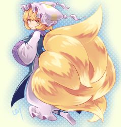 Rule 34 | 1girl, animal hat, ankle socks, blonde hair, blue tabard, breasts, commentary, dress, fluffy, fox tail, frilled dress, frilled hat, frills, from behind, from side, full body, hands up, hat, highres, kitsune, large breasts, large tail, long sleeves, looking at viewer, looking back, mob cap, multiple tails, pmx, robe, short hair, sidelocks, signature, smile, socks, solo, tabard, tail, tassel, touhou, white dress, white hat, white robe, white socks, yakumo ran, yellow eyes