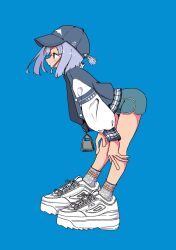 Rule 34 | 1girl, baseball cap, blue background, blue hair, blue shorts, blunt ends, closed mouth, dolphin shorts, fila, from side, grey hat, grey jacket, hands on own knees, hat, highres, jacket, leaning forward, letterman jacket, long sleeves, nao97122, open clothes, open jacket, original, ponytail, profile, revision, ribbed socks, shoes, short ponytail, short shorts, shorts, simple background, sneakers, socks, solo, standing, white footwear, white socks, zipper pull tab