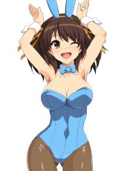 Rule 34 | 1girl, animal ears, arms up, black pantyhose, blue bow, blue leotard, bow, bowtie, breasts, brown eyes, brown hair, caramelldansen, cleavage, cowboy shot, detached collar, fake animal ears, gluteal fold, hair between eyes, haruhisky, highres, large breasts, legs apart, leotard, looking at viewer, medium hair, one eye closed, open mouth, pantyhose, playboy bunny, rabbit ears, rabbit pose, ribbon, round teeth, simple background, smile, solo, strapless, strapless leotard, suzumiya haruhi, suzumiya haruhi no yuuutsu, teeth, thighs, tongue, white background, wide hips, wrist cuffs, yellow ribbon