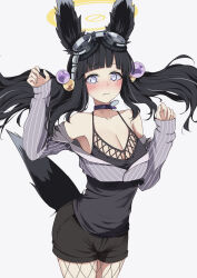 Rule 34 | 1girl, animal ear fluff, animal ears, arms up, bare shoulders, belt collar, black hair, black shorts, blue archive, blush, breasts, closed mouth, collar, collarbone, cowboy shot, dog ears, dog girl, dog tags, dog tail, eyewear on head, fishnet pantyhose, fishnets, goggles, goggles on head, halo, hibiki (blue archive), highres, long hair, long sleeves, looking at viewer, medium breasts, pantyhose, shin&#039;ya reiji, shirt, short shorts, shorts, simple background, sleeves past wrists, solo, standing, surprised, tail, tail raised, twintails, white background, yellow halo