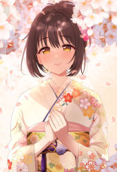 Rule 34 | 1girl, black hair, blush, bow, cherry blossoms, closed mouth, dot nose, floral print, flower, hair flower, hair ornament, hands on own chest, highres, idolmaster, idolmaster cinderella girls, idolmaster cinderella girls starlight stage, japanese clothes, kimono, looking at viewer, obi, petals, sash, short hair, smile, solo, takafuji kako, tokita arumi, yellow eyes
