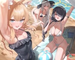 Rule 34 | 3girls, animal ear fluff, animal ears, arm up, armband, armpits, ball, bare legs, barefoot, beach, beachball, bikini, black armband, black bikini, black hair, black one-piece swimsuit, blonde hair, blue archive, blush, braid, breasts, cleavage, collarbone, covered navel, emil (386), flower, fox ears, frilled one-piece swimsuit, frills, grey hair, hair flower, hair ornament, halo, halterneck, hat, highres, hinata (blue archive), large breasts, leaning forward, looking at viewer, mari (blue archive), mari (swimsuit) (blue archive), mat, multiple girls, navel, one-piece swimsuit, outdoors, parasol, sakurako (blue archive), selfie, side-tie bikini bottom, small breasts, smile, stomach, sun hat, swimsuit, teeth, twin braids, umbrella, upper teeth only, white bikini