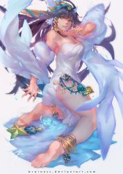 Rule 34 | 1girl, anklet, bare shoulders, barefoot, blue eyes, blue hair, detached sleeves, dress, feet, gradient background, isis (p&amp;d), jewelry, kneeling, long hair, looking back, matching hair/eyes, puzzle &amp; dragons, raion (soraelf), soles, solo, strapless, strapless dress, very long hair, watermark, web address, white dress