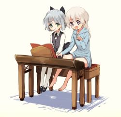 Rule 34 | 2girls, aged down, anachronism, aqua eyes, bad id, bad twitter id, barefoot, black ribbon, book, bow, child, eila ilmatar juutilainen, feet, grey hair, hair bow, hood, hoodie, instrument, kodamari, long hair, long sleeves, looking at another, mary janes, multiple girls, open mouth, pantyhose, piano, purple eyes, ribbon, sanya v. litvyak, shoes, short hair, simple background, sitting, smile, strike witches, twitter username, vest, white background, white legwear, world witches series