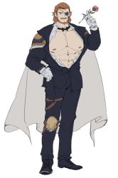Rule 34 | 1boy, abs, alternate costume, bara, bare pectorals, beard, bow, bowtie, brown eyes, brown hair, cape, eugen (granblue fantasy), eyepatch, facial hair, flat color, flower, full body, granblue fantasy, holding, holding flower, huan shi tian tong, jacket, large pectorals, looking at viewer, male focus, mature male, muscular, muscular male, mustache, nipples, open clothes, open jacket, open shirt, pectorals, rose, short hair, smile, solo, stomach, undershirt