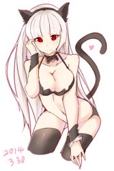 Rule 34 | 10s, 1girl, 2014, adjusting hair, animal ears, bad id, bad pixiv id, bare shoulders, bra, breasts squeezed together, breasts, cat ears, cat tail, choker, chou shippai-saku, cleavage, cowboy shot, dated, heart, highres, large breasts, leaning forward, long hair, looking at viewer, navel, original, panties, pink hair, red eyes, ribbon choker, smile, solo, standing, tail, thighhighs, underwear, underwear only