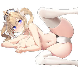 Rule 34 | 1girl, :&lt;, alternate breast size, ass, barbara (genshin impact), blonde hair, blue eyes, blush, breast rest, breasts, cameltoe, closed mouth, collarbone, commentary, covering privates, covering breasts, cross, drill hair, feet out of frame, full-face blush, genshin impact, hair between eyes, hair intakes, highres, large breasts, latin cross, light frown, long hair, lying, navel, on side, panties, priestess, sidelocks, simple background, skindentation, sob (submar1089), solo, spread legs, tareme, thick thighs, thighhighs, thighs, topless, twin drills, twintails, underwear, white background, white headwear, white panties, white thighhighs