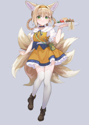 Rule 34 | 1girl, absurdres, animal ear fluff, animal ears, arknights, black choker, blonde hair, blue ribbon, boots, braid, braided hair rings, brown footwear, brown hairband, choker, closed mouth, collarbone, collared shirt, commentary request, dress, food, fox ears, fox girl, fox tail, full body, green eyes, grey background, hair between eyes, hair rings, hairband, hand up, highres, holding, holding plate, hongbaise raw, kitsune, kyuubi, multiple tails, neck ribbon, orange dress, plate, puffy short sleeves, puffy sleeves, ribbon, shirt, short sleeves, simple background, sleeveless, sleeveless dress, smile, solo, standing, standing on one leg, suzuran (arknights), suzuran (let&#039;s carnival!) (arknights), tail, thighhighs, thighhighs under boots, twin braids, white shirt, white thighhighs