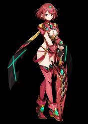 Rule 34 | 1girl, breasts, brown eyes, cleavage, cleavage cutout, clothing cutout, full body, highres, large breasts, looking at viewer, nintendo, pyra (xenoblade), red hair, short hair, smile, solo, standing, sword, third-party edit, weapon, xenoblade chronicles (series), xenoblade chronicles 2