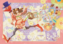 Rule 34 | 1girl, apple, blue flower, blue hat, border, bottle, brown hair, candy, cup, doll, drinking bird, flower, food, fork, fruit, green flower, hat, japanese clothes, jar, kimono, knife, long sleeves, obi, original, outline, picnic basket, pink border, pink kimono, plate, sandals, sash, solo, spoon, tami yagi, tofu, twintails, white outline, wide shot, wide sleeves, yellow flower