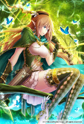 Rule 34 | 1girl, arrow (projectile), bangle, belt, beret, blonde hair, blue eyes, bodice, bracelet, braid, branch, breasts, brown hair, bug, butterfly, cape, checkered clothes, checkered legwear, company name, dress, earrings, elbow gloves, elf, female focus, gloves, glowing, green gloves, green thighhighs, gyakushuu no fantasica, hair between eyes, hat, hat feather, high heels, holding, in tree, insect, jewelry, large breasts, light particles, long hair, looking away, official art, original, pleated dress, pointy ears, quiver, rinko (mg54), runes, shoes, short dress, sitting, sitting in tree, solo, staff, thighhighs, tree, very long hair, watermark, white dress, winged footwear, wings, zettai ryouiki