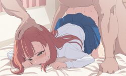 Rule 34 | 1boy, 1girl, ass, bed, blue skirt, blush, braid, clothed female nude male, commentary request, doggystyle, green eyes, hand on another&#039;s head, hetero, highres, long hair, long sleeves, natsukawa aika, no panties, nude, open mouth, prone bone, red hair, saliva, sex, sex from behind, shirt, sincos, skirt, sweat, tongue, tongue out, top-down bottom-up, white shirt, yumemiru danshi wa genjitsushugisha