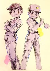 Rule 34 | 10s, 2boys, alternate costume, angry, brothers, cowlick, crossed arms, detective, formal, hand on own hip, male focus, marker (medium), matsuno jyushimatsu, matsuno todomatsu, monochrome, multiple boys, osomatsu-kun, osomatsu-san, osomatsu (series), siblings, simple background, spot color, suit, tendoshi, traditional media, uniform, yellow background