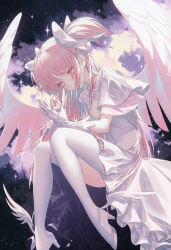 Rule 34 | 1girl, breasts, cloud, dress, frilled dress, frills, hair ribbon, high heels, kaname madoka, long hair, magical girl, mahou shoujo madoka magica, mahou shoujo madoka magica (anime), pink hair, pumps, ribbon, sky, small breasts, solo, soul gem, star (sky), starry sky, thighhighs, two side up, ultimate madoka, wanke, white dress, white thighhighs, wings, yellow eyes