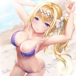 Rule 34 | 1girl, armpits, arms up, artist name, beach, bikini, blonde hair, blue eyes, breasts, cleavage, cowboy shot, day, dutch angle, flower, front-tie bikini top, front-tie top, granblue fantasy, hair flower, hair intakes, hair ornament, hairband, jeanne d&#039;arc (granblue fantasy), large breasts, lens flare, long hair, looking at viewer, navel, outdoors, paint musume, parted lips, purple bikini, side-tie bikini bottom, side ponytail, smile, solo, swimsuit, twitter username, wet
