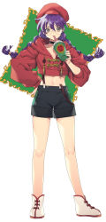Rule 34 | 1girl, absurdres, alternate costume, beret, black shorts, boots, braid, brown eyes, commentary request, contemporary, drinking, drinking straw, freckles, full body, glasses, hand on own hip, hat, highres, hood, hooded sweater, hoodie, long hair, looking at viewer, midriff, murata tefu, purple hair, red hat, red sweater, ri kouran, sakura taisen, shorts, solo, suspenders, sweater, twin braids, white background, white footwear